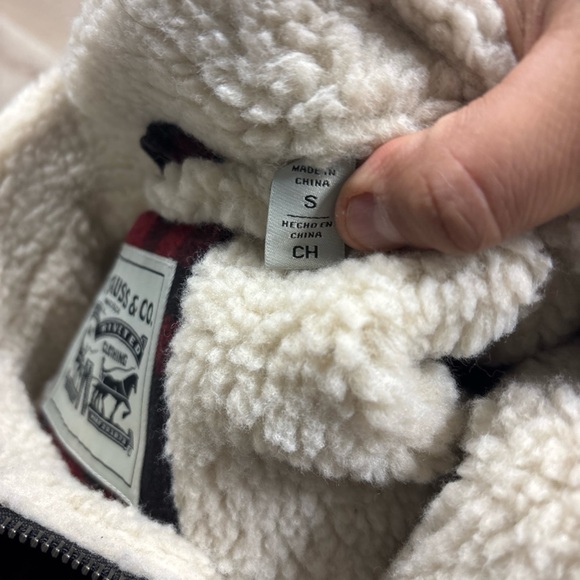 Levi's Cherry Plaid Trucker Wool Blend Sherpa Jacket Mens Size Small Warm - Picture 8 of 9